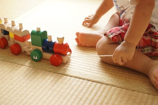 A toddler and a pull toy - push and pull toys are highly beneficial toys for 2-year-olds and above